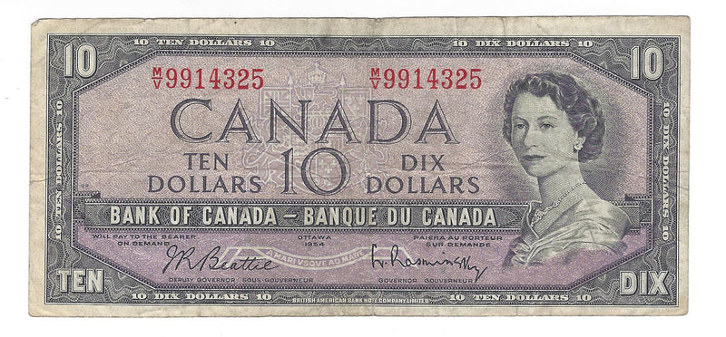 1954 Canada $10 Banknote Beattie-Rasminsky, M/V, BC-40b (Circ.)