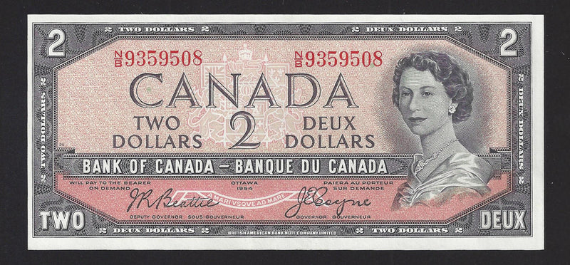 1954 $2 Bank of Canada Note Beattie-Coyne Prefix N/B9359508 BC-38a (UNC)