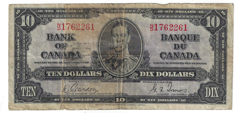 1937 Canada $10 Banknote Gordon-Towers, N/D, BC-24b (VG)
