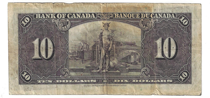 1937 Canada $10 Banknote Gordon-Towers, N/D, BC-24b (VG)