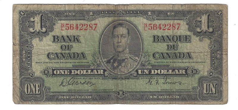 1937 Canada $1 Banknote Gordon-Towers (WP), N/L, BC-21c (VG)