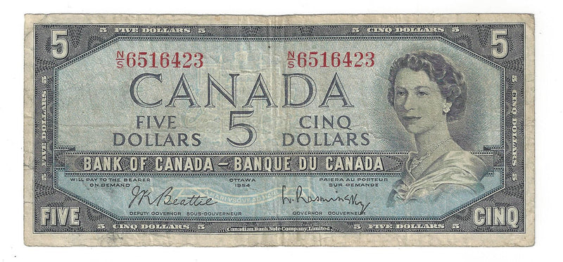 1954 Canada $5 Banknote Beattie-Rasminsky, N/S, BC-39b (F/VF)