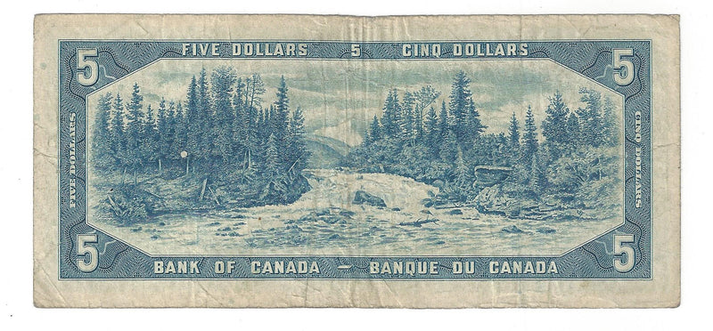 1954 Canada $5 Banknote Beattie-Rasminsky, N/S, BC-39b (F/VF)