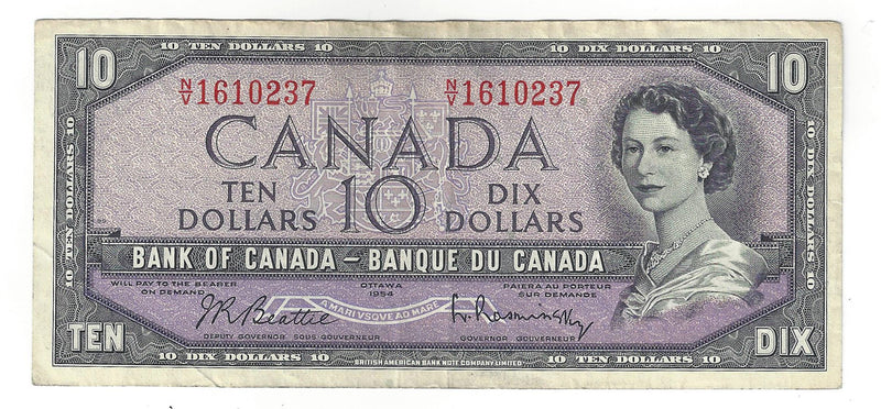 1954 Canada $10 Banknote Beattie-Rasminsky, N/V, BC-40b (VF)