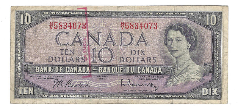 1954 Canada $10 Banknote Beattie-Rasminsky, N/V, BC-40b (Circ.)
