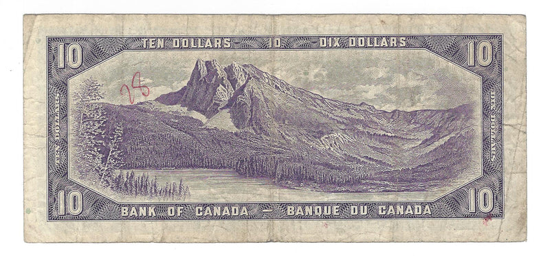 1954 Canada $10 Banknote Beattie-Rasminsky, N/V, BC-40b (Circ.)