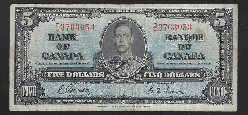 1937 $5 Bank of Canada Note Gordon-Towers Prefix O/C3763053 BC-23b (VF)