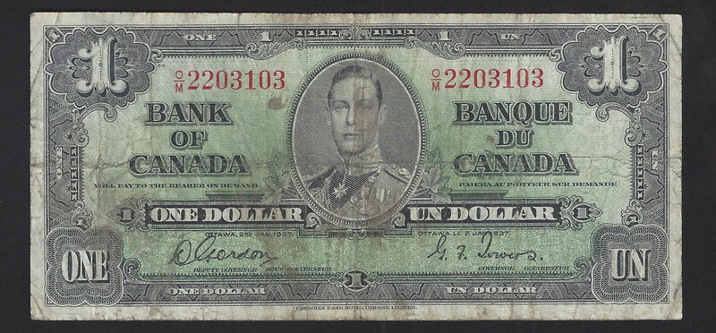 1937 $1 Bank of Canada Note Gordon-Towers (WP) Prefix O/M2203103 BC-21d (VG)