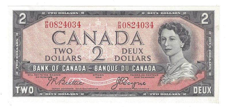 1954 Canada $2 Banknote Beattie-Coyne, P/B, BC-38a (Almost UNC)