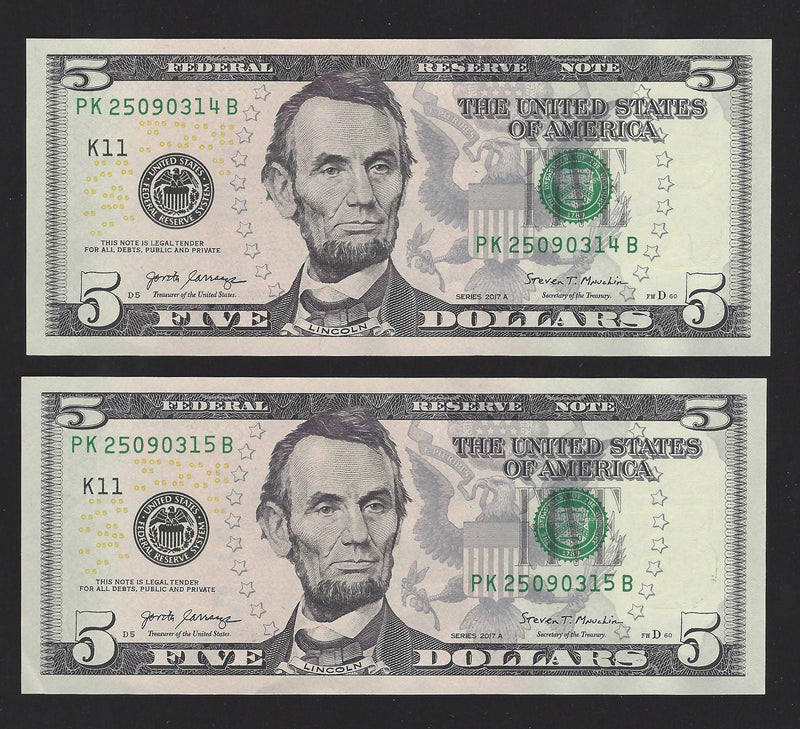 2017 A 2 Sequential Number USA $5 Five Dollar Bill (K11) Green Seal (CH-UNC)