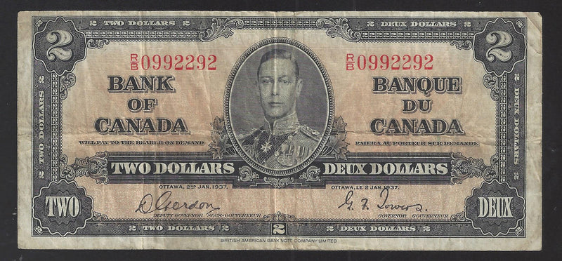 1937 $2 Bank of Canada Note Gordon-Towers Prefix R/B0992292 BC-22b (Fine)