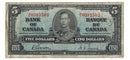 1937 Canada $5 Banknote Gordon-Towers R/C BC-23b Fine