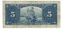 1937 Canada $5 Banknote Gordon-Towers R/C BC-23b Fine