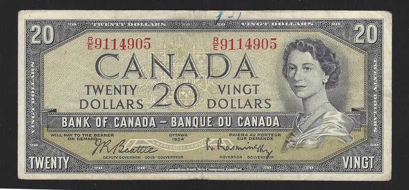 1954 $20 Bank of Canada Note Beattie-Rasmintsky R/E9114905 Prefix BC-41b (Circ.)