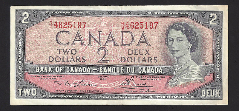1954 $2 Bank of Canada Note Lawson-Bouey Prefix R/G4625197 BC-38d (VF)