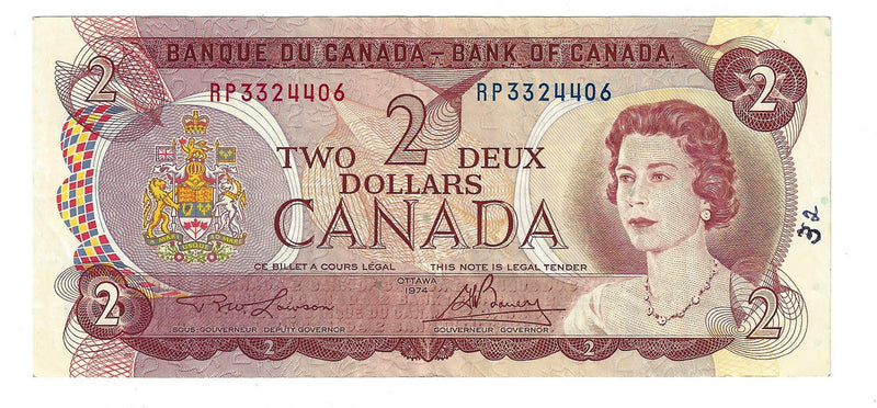 1974 $2 Bank of Canada Note Lawson-Bouey, Prefix RP,  BC-47a, Circ.