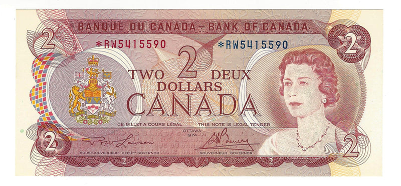 Replacement 1974 $2 Banknote Lawson-Bouey, Prefix *RW,  BC-47aA, C/Unc