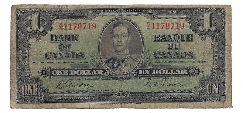 1937 Canada $1 Banknote Gordon-Towers (WP) S/A, BC-21c (VG)