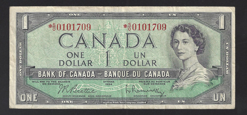 1954 $1  Replacement Bank of Canada Note Beattie-Rasminsky Prefix *S/O0101709 BC-37bA (VF)