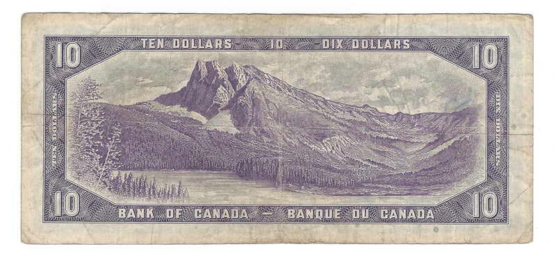 1954 Canada $10 Banknote Beattie-Rasminsky, S/T, BC-40b (Circ.)
