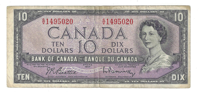 1954 Canada $10 Banknote Beattie-Rasminsky, S/V, BC-40b (Fine)