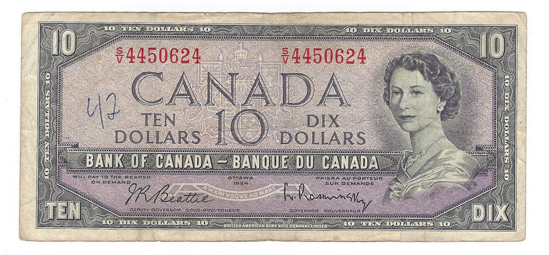 1954 Canada $10 Banknote Beattie-Rasminsky, S/V, BC-40b (Circ.)