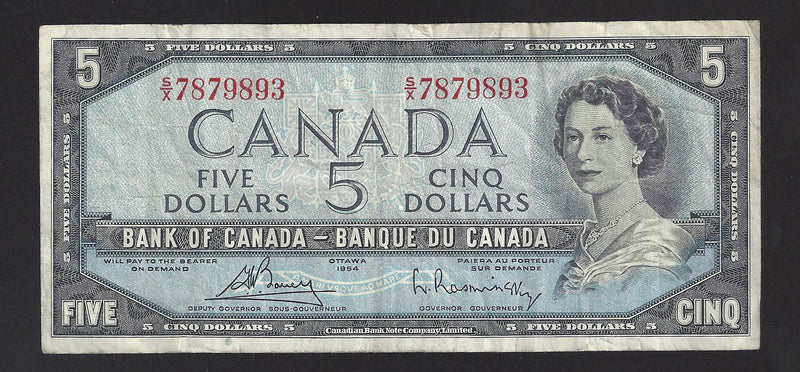 1954 $5 Bank of Canada Note Bouey-Rasminsky Prefix S/X7879893 BC-39c (VF)