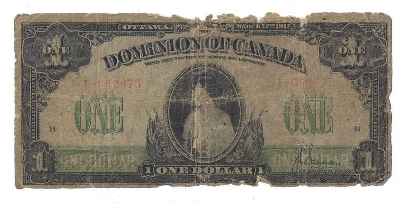 1917 Canada $1 Dollar Dominion Of Canada Boville, No Seal,  Serie B, DC-23a (G) Damage