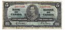 1937 Canada $5 Banknote Gordon-Towers T/C BC-23b F-VF