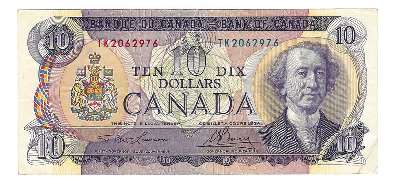1971 Canada $10 Banknote  Lawson-Bouey ,TK, BC-49c  (Circ.)