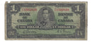 1937 Canada $1 Banknote Gordon-Towers (WP), T/L, BC-21c (VG)