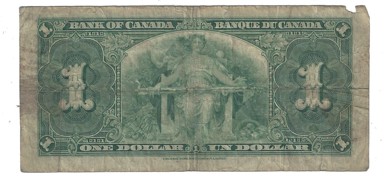 1937 Canada $1 Banknote Gordon-Towers (WP), T/L, BC-21c (VG)