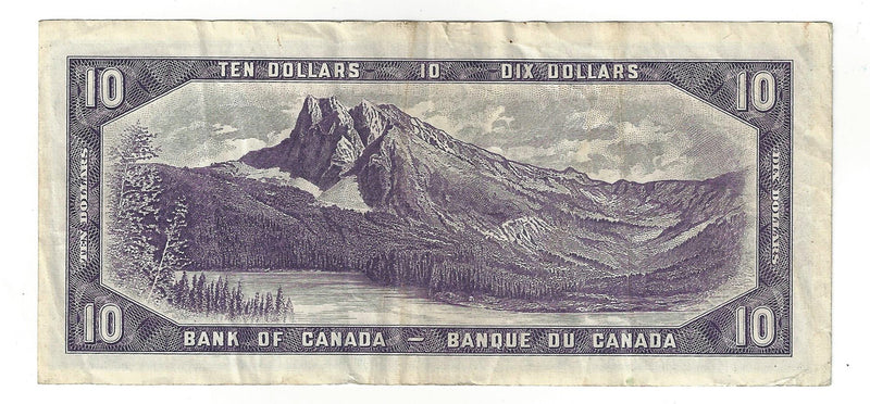 1954 Canada $10 Banknote Beattie-Rasminsky, I/T, BC-40b (F/VF)