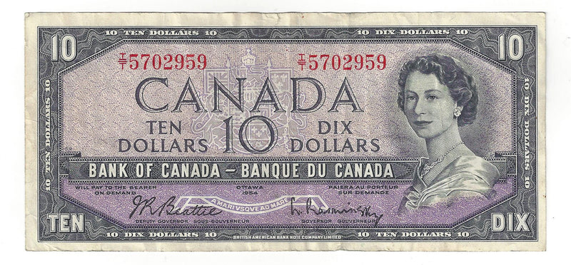 1954 Canada $10 Banknote Beattie-Rasminsky, I/T, BC-40b (F/VF)