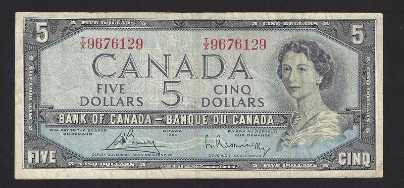 1954 $5 Bank of Canada Note Bouey-Rasminsky Prefix T/X9676129 BC-39c (F)