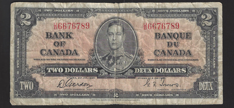 1937 $2 Bank of Canada Note Gordon-Towers Prefix U/B6676789 BC-22b (VG)