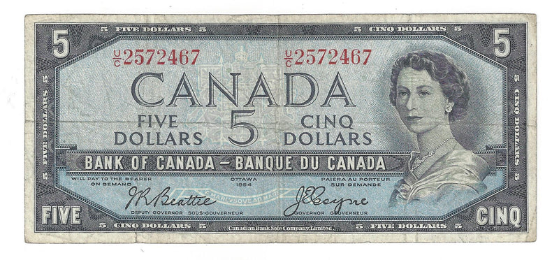 1954 Canada $5 Banknote Beattie-Coyne, U/C, BC-39a-i (F/VF)