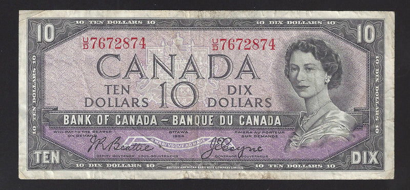 1954 $10 Bank Of Canada Note Beattie-Coyne Prefix U/D7672874 BC-40a (Circ.)