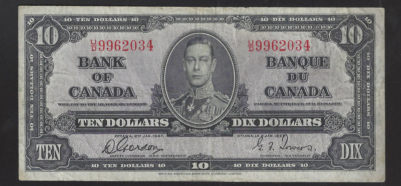 1937 $10 Bank of Canada Note Gordon-Towers Prefix U/D9962034 BC-24b (VF)