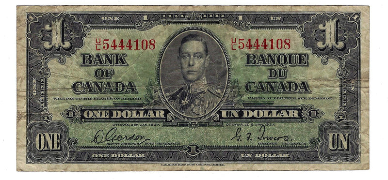 1937 Canada $1 Banknote Gordon-Towers (WP) U/L, BC-21c (VG)