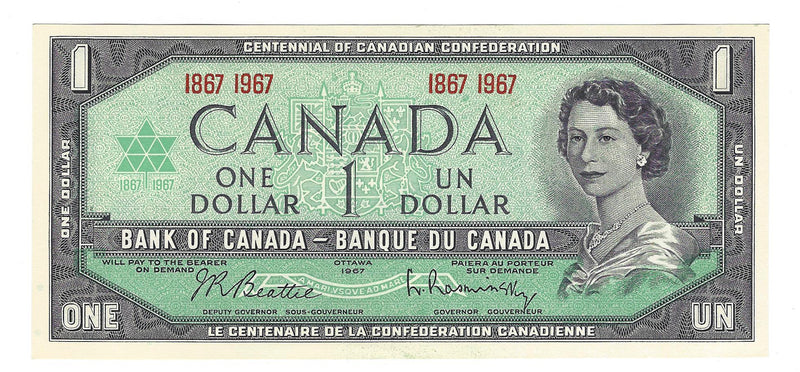 1967 Canada $1 Centennial Banknote Beattie-Rasminsky, BC-45a (UNC)