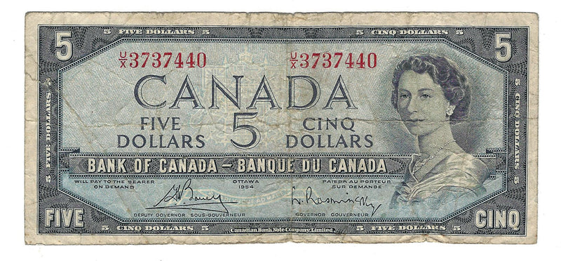 1954 Canada $5 Banknote Bouey-Rasminsky, U/X, BC-39b (VG/F)