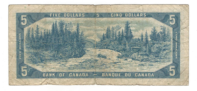 1954 Canada $5 Banknote Bouey-Rasminsky, U/X, BC-39b (VG/F)