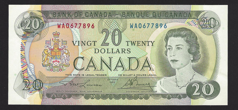 1969 $20 Bank of Canada Note Lawson-Bouey W/A0677896 Prefix BC-50b (CH/Unc)