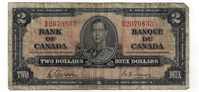 1937 Canada $2 Banknote Gordon-Towers,W/B, BC-22b (VG)