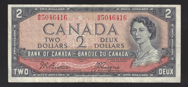 1954 $2 Bank of Canada Note Beattie-Coyne Prefix W/B5046416 BC-38a (VF)