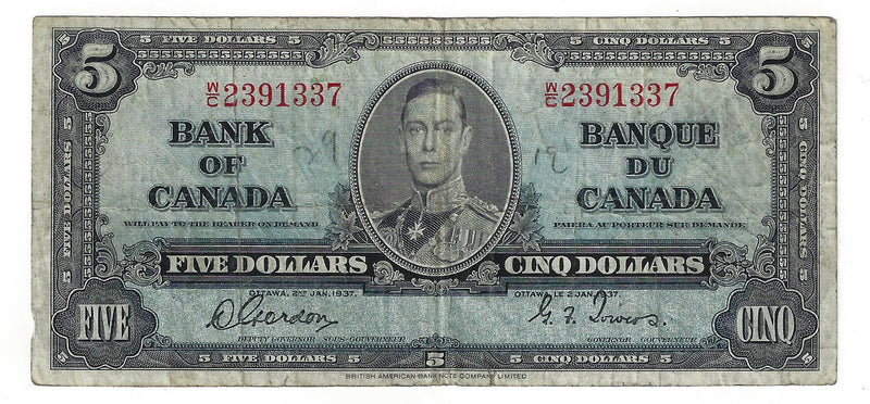 1937 Canada $5 Banknote Gordon-Towers, W/C, BC-23b (F)