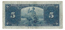 1937 Canada $5 Banknote Gordon-Towers, W/C, BC-23b (F)
