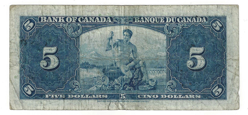 1937 Canada $5 Banknote Gordon-Towers, W/C, BC-23b (F)