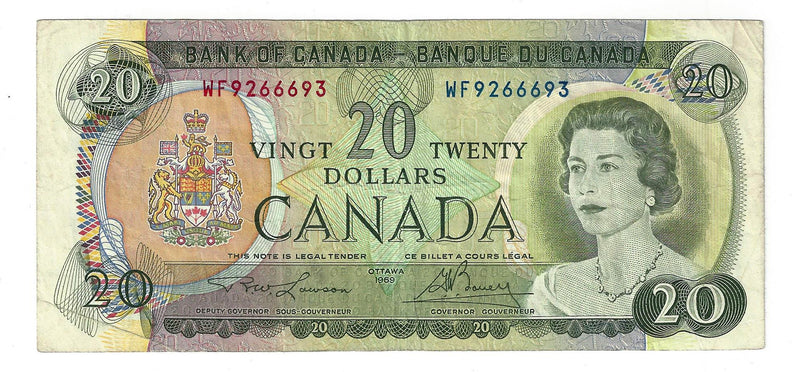 1969 Canada $20 Banknote  Lawson-Bouey,  BC-50b, Circ.